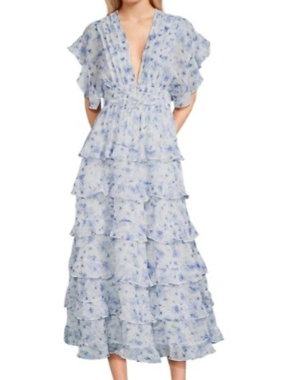 Storia Blue & White Floral Tiered Ruffle Maxi Dress Plunge V-Neck Small
Descrip